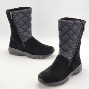 Lands End Quilted Suede Leather All Weather Zip Up Winter Boots Black Size 8